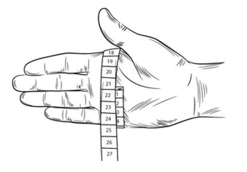 Illustratie van het opmeten van de handpalm met een meetlint